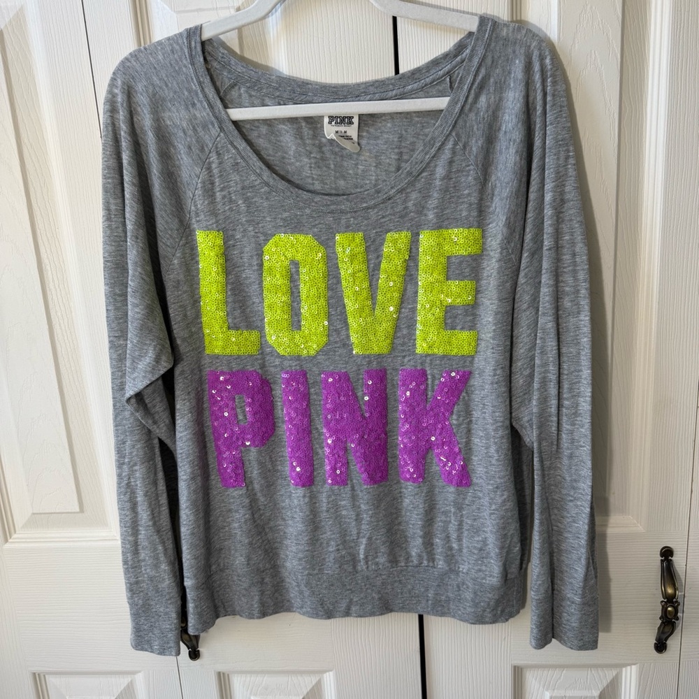 Victorias Secret Pink Long Sleeve Sequins Love Pink Shirt Women’s Size Medium